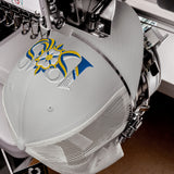 Leeds 1919 White Rose Heritage embroidered football trucker cap, silver colour, front view