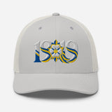 Leeds 1919 White Rose Heritage embroidered football trucker cap, silver colour, front view