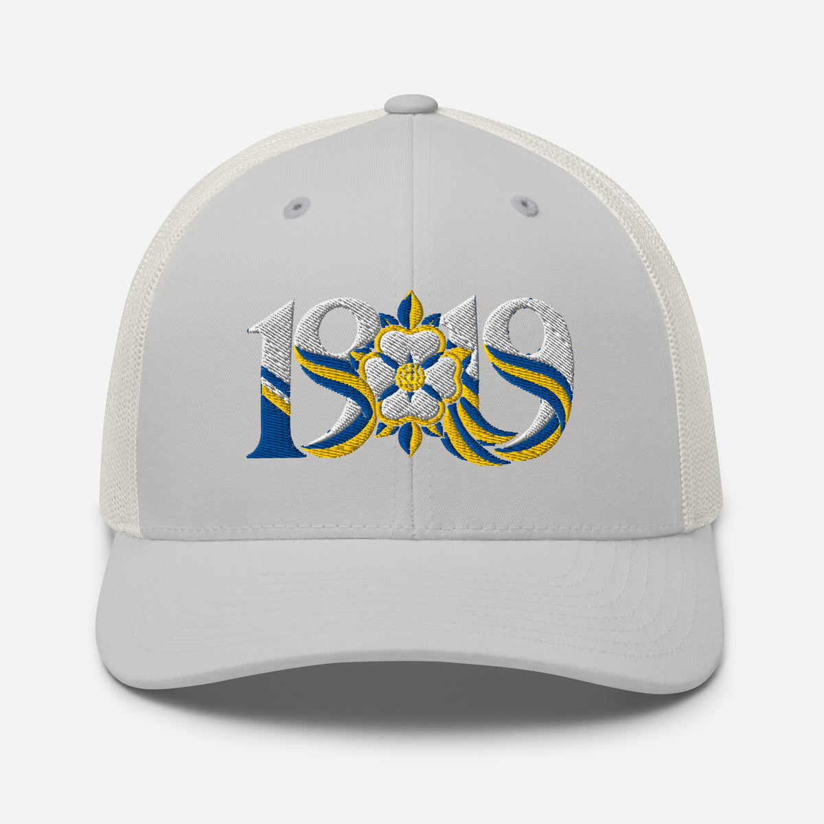 Leeds 1919 White Rose Heritage embroidered football trucker cap, silver colour, front view