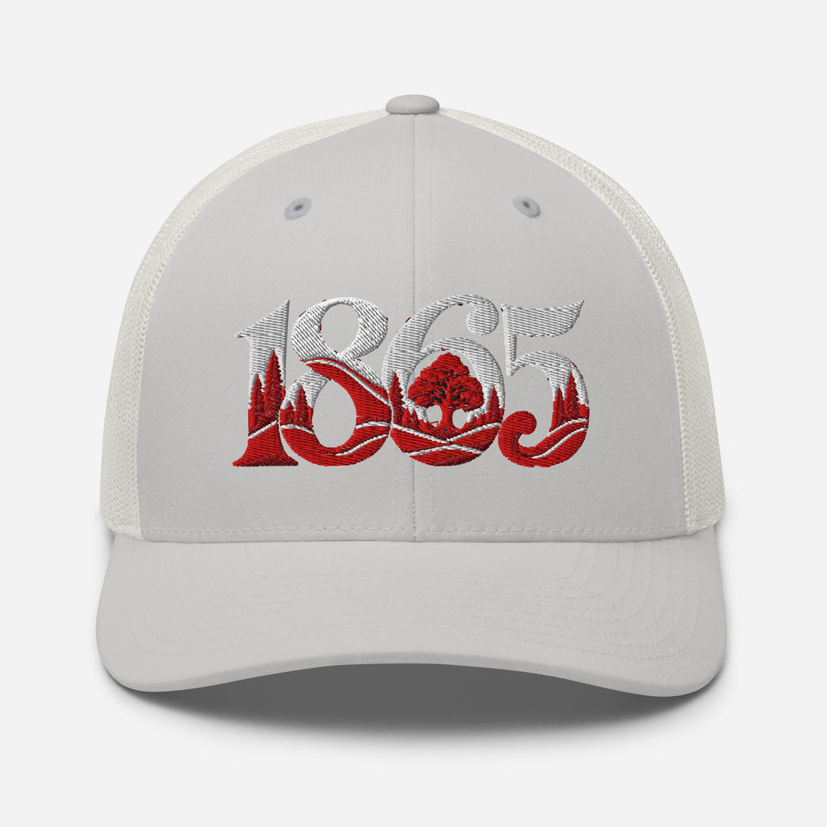 Nottingham 1865 Tree Roots Heritage embroidered football trucker cap, silver colour, front view