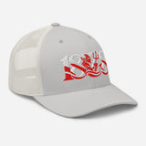 Manchester United 1878 Red Devil Heritage embroidered football trucker cap, silver colour, right-front view