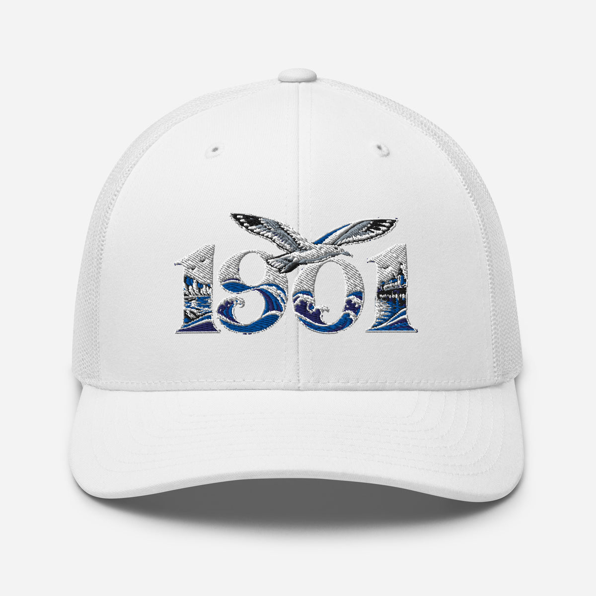 Brighton 1901 Heritage Seagulls Embroidered Football Trucker Cap – white front view
