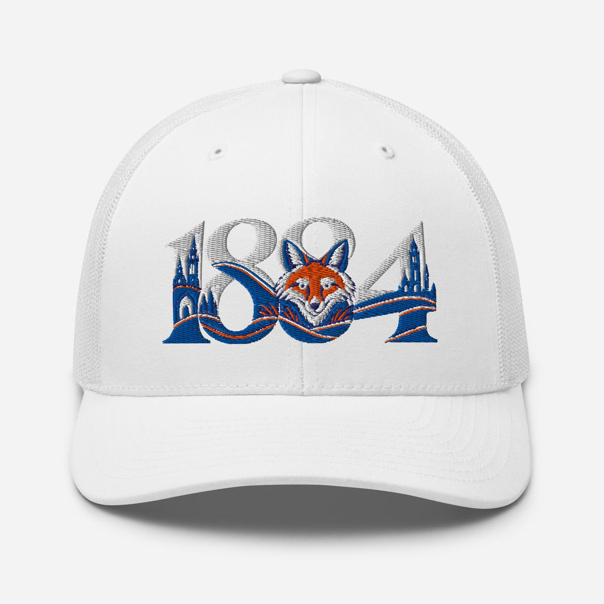 Leicester City 1884 Heritage Fox embroidered football trucker cap, white colour, front view