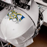 Leeds 1919 White Rose Heritage embroidered football trucker cap, white colour, front view