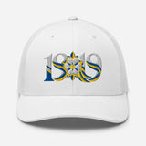 Leeds 1919 White Rose Heritage embroidered football trucker cap, white colour, front view