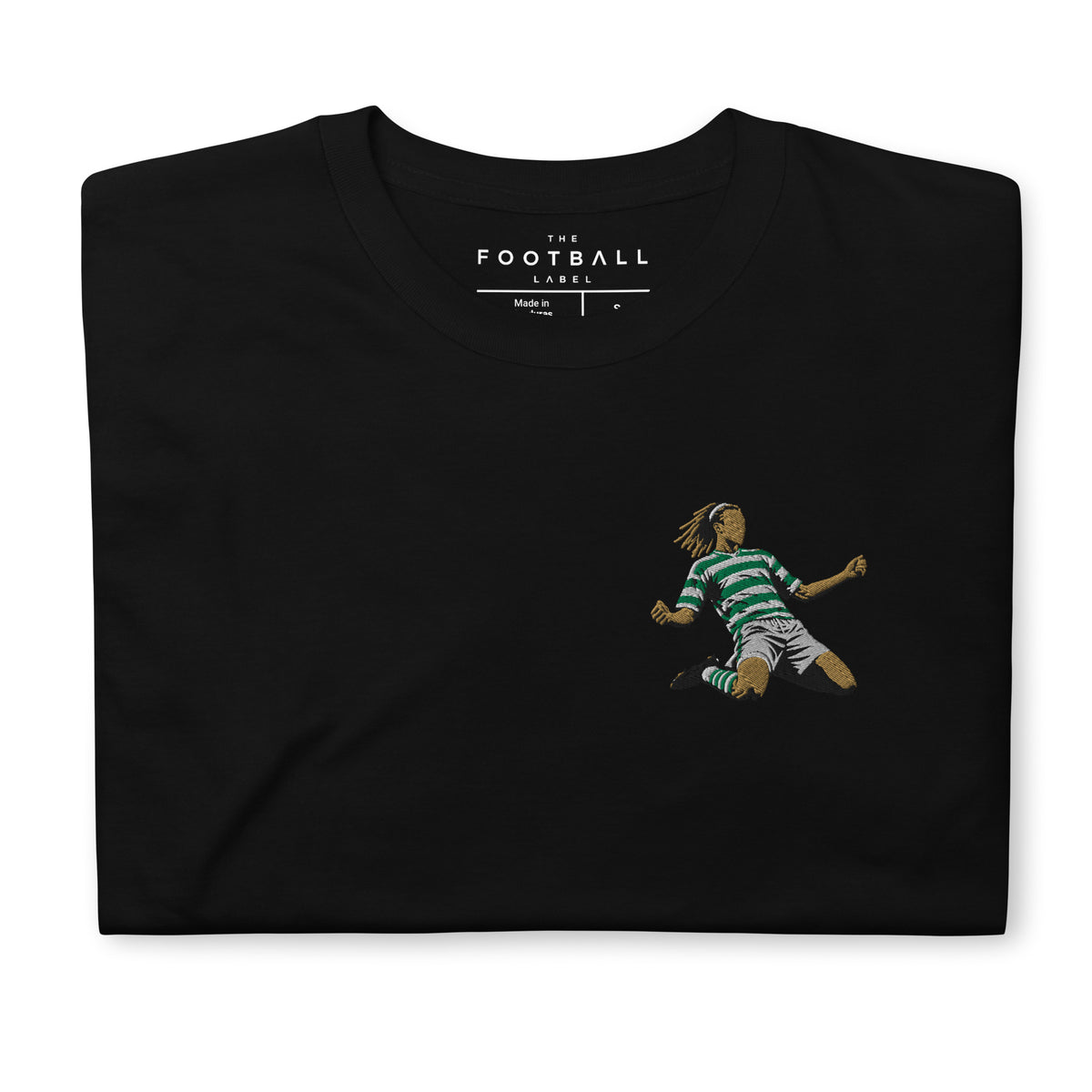 Henrik Larsson inspired Celtic embroidered football T-shirt in black, front view alternate mockup