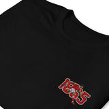Close-up of Nottingham 1865 retro embroidery on black T-shirt
