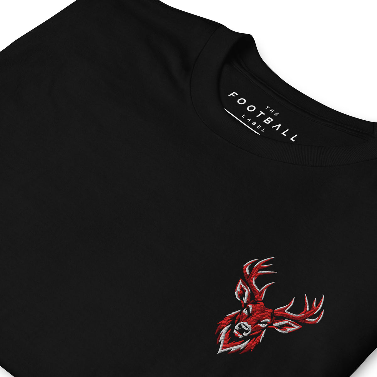 Nottingham Forest Inspired Stag Embroidered Football T-Shirt in black – embroidered artwork detail
