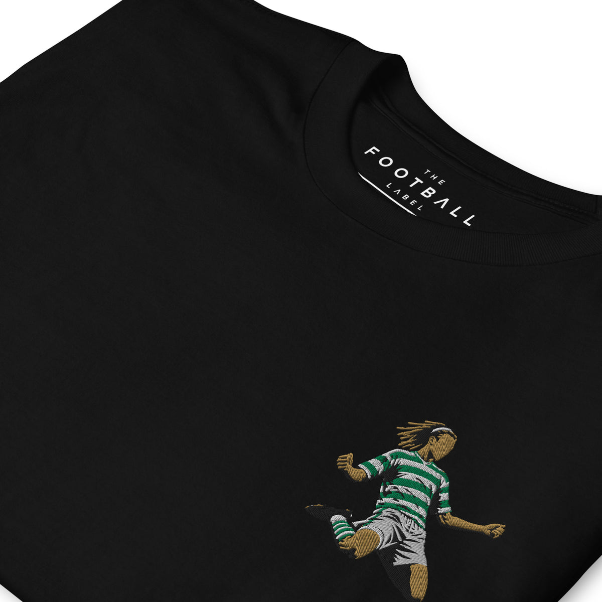 Henrik Larsson inspired Celtic embroidered football T-shirt in black, close-up embroidery detail