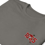 Close-up of Nottingham 1865 retro embroidery on charcoal T-shirt