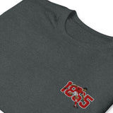 Close-up of Nottingham 1865 retro embroidery on dark heather T-shirt