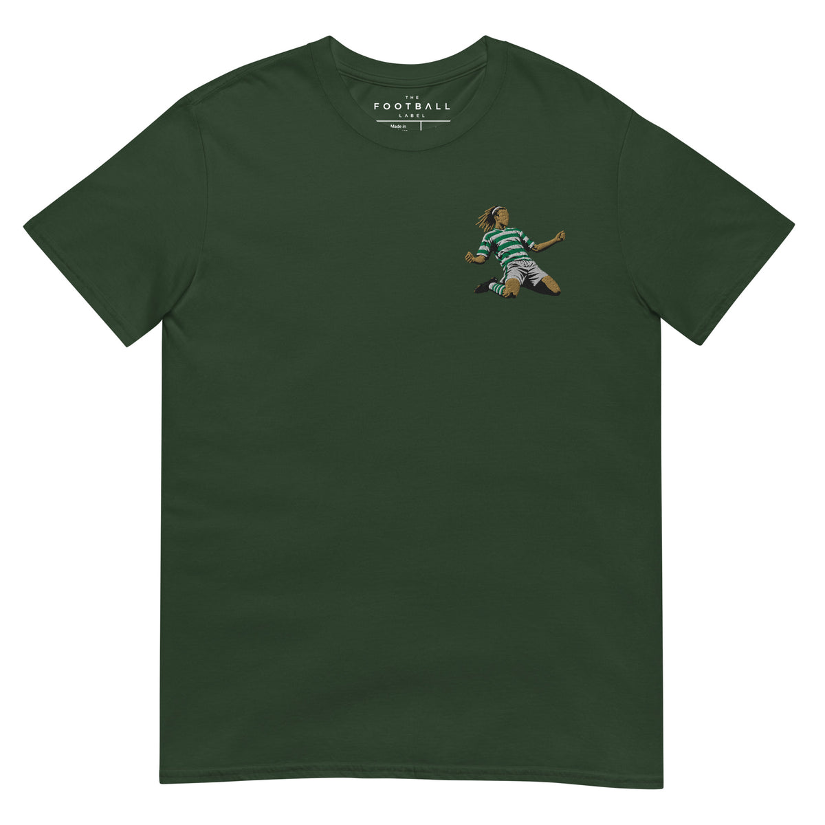 Henrik Larsson inspired Celtic embroidered football T-shirt in forest green, front view alternate mockup