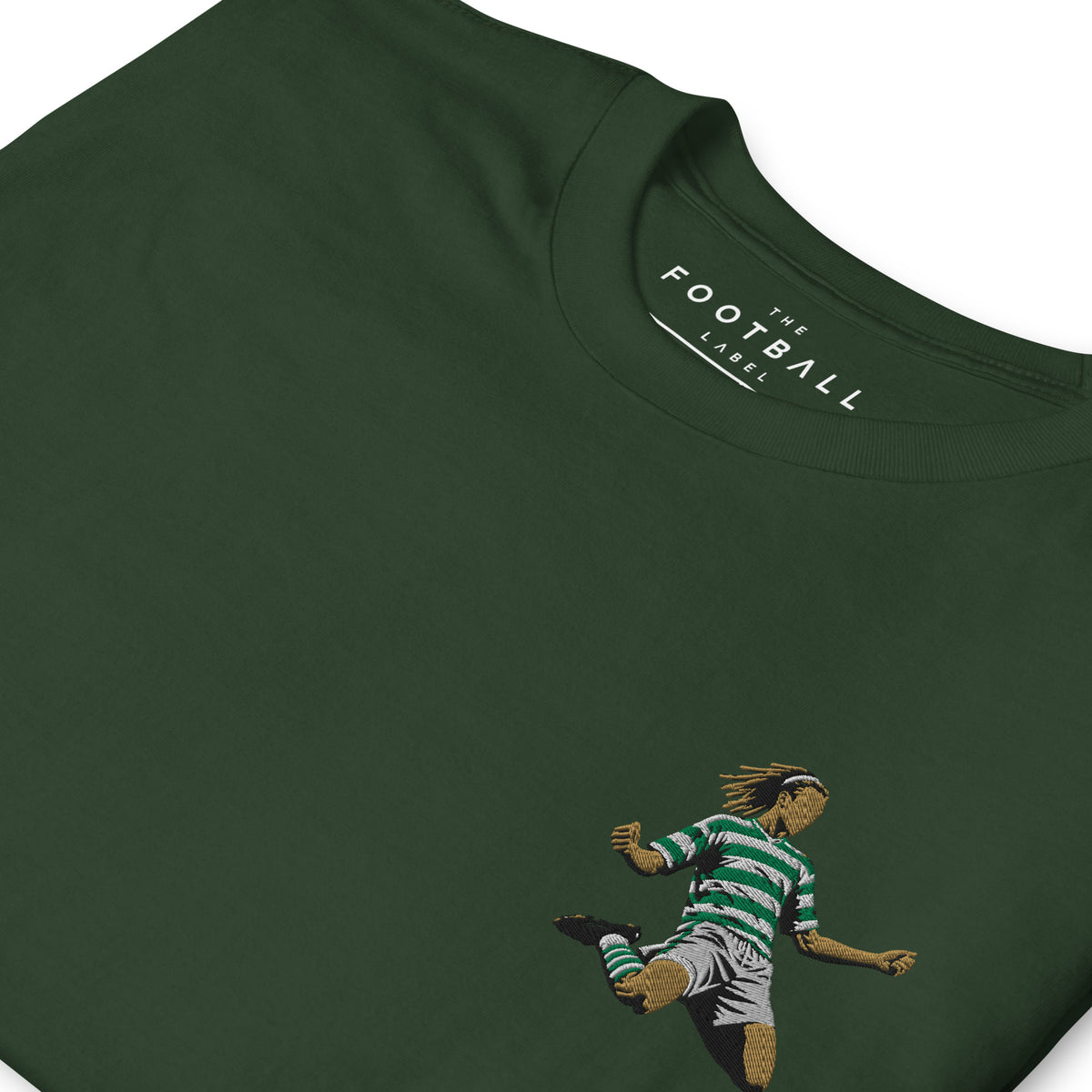 Henrik Larsson inspired Celtic embroidered football T-shirt in forest green, close-up embroidery detail