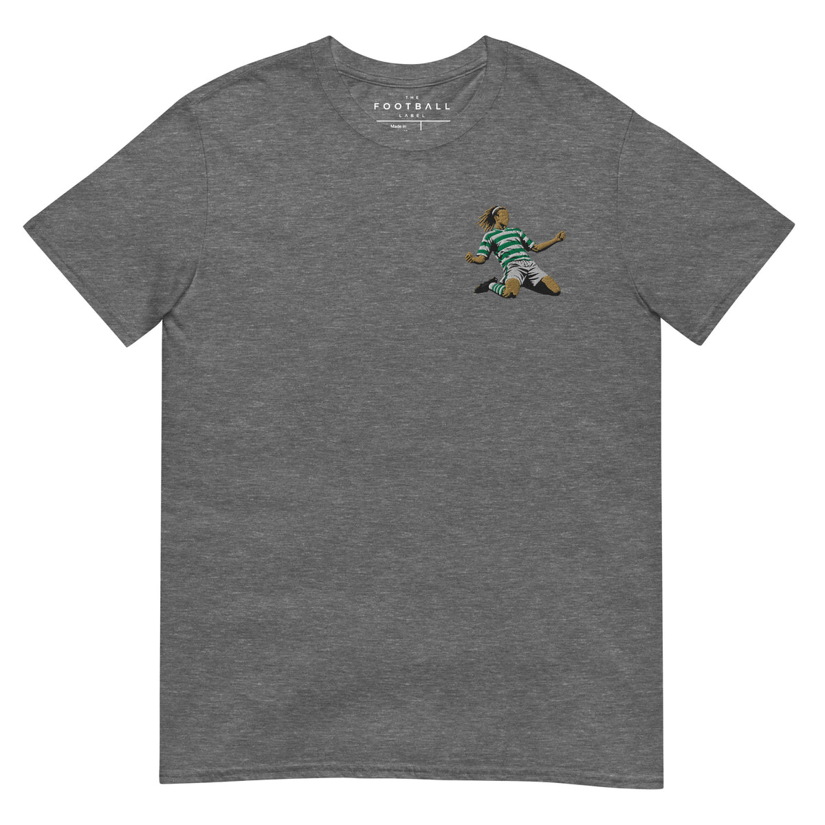 Henrik Larsson inspired Celtic embroidered football T-shirt in graphite heather, front view alternate mockup