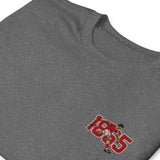 Close-up of Nottingham 1865 retro embroidery on graphite heather T-shirt