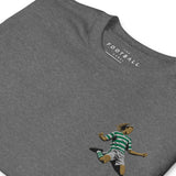 Henrik Larsson inspired Celtic embroidered football T-shirt in graphite heather, close-up embroidery detail