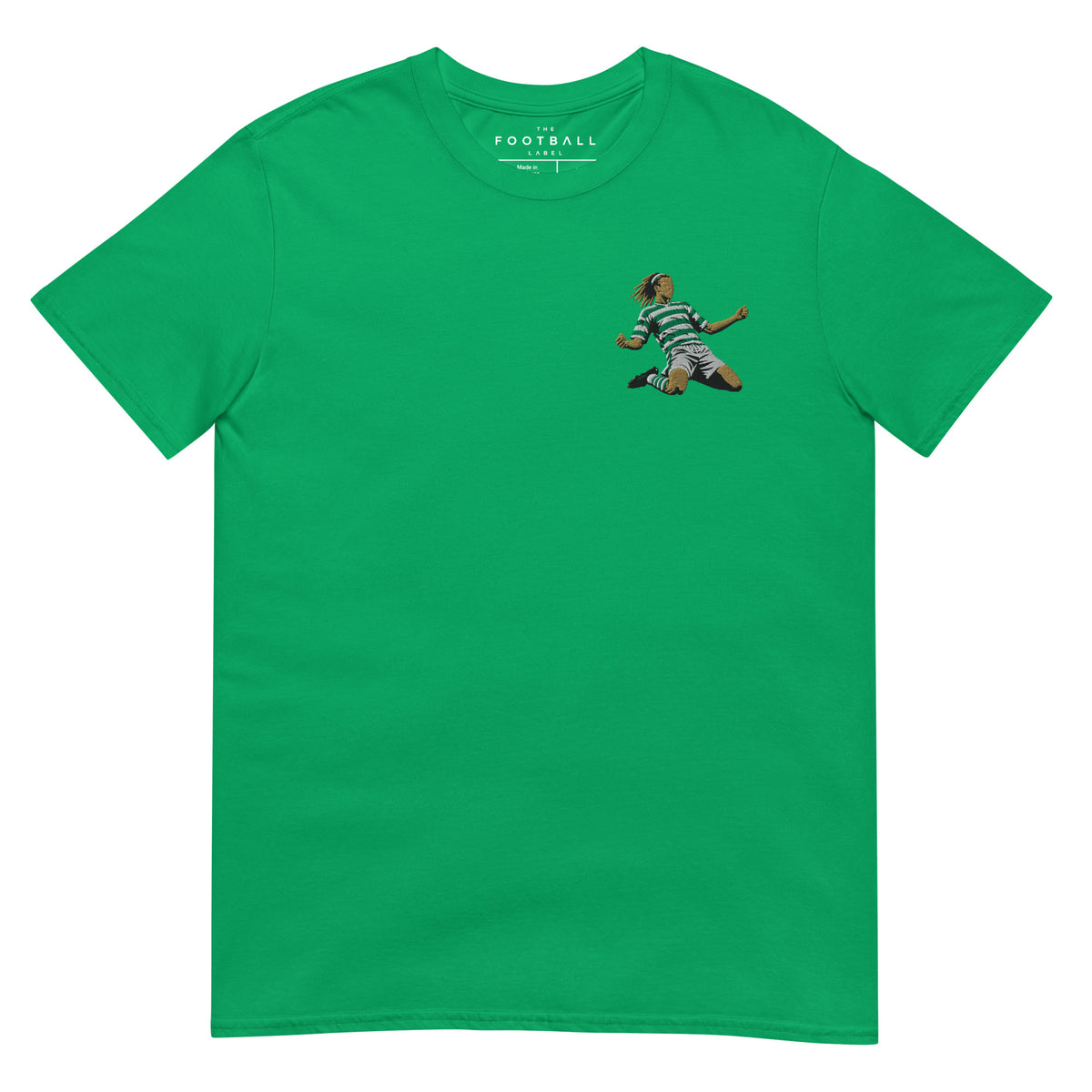 Henrik Larsson inspired Celtic embroidered football T-shirt in irish green, front view alternate mockup