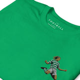 Henrik Larsson inspired Celtic embroidered football T-shirt in irish green, close-up embroidery detail
