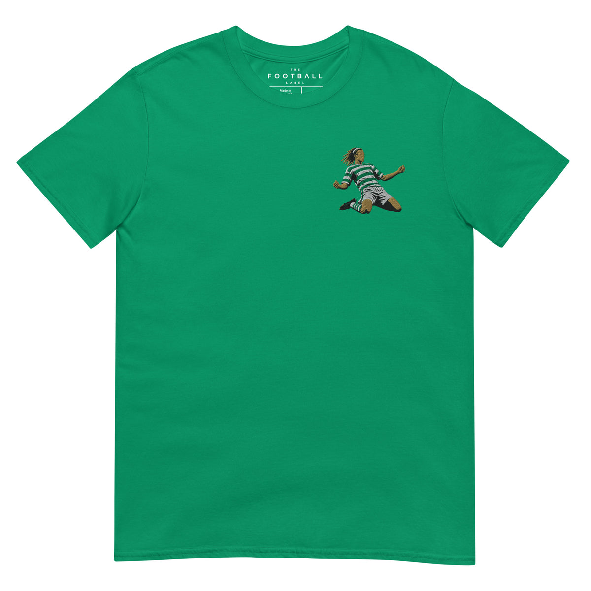 Henrik Larsson inspired Celtic embroidered football T-shirt in kelly green, front view alternate mockup