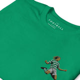 Henrik Larsson inspired Celtic embroidered football T-shirt in kelly green, close-up embroidery detail