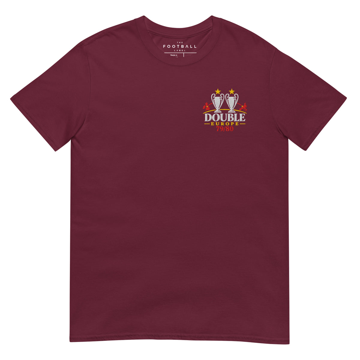 Nottingham Forest Inspired Double Europe 79/80 Embroidered Football T-Shirt in maroon – front view