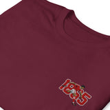 Close-up of Nottingham 1865 retro embroidery on maroon T-shirt