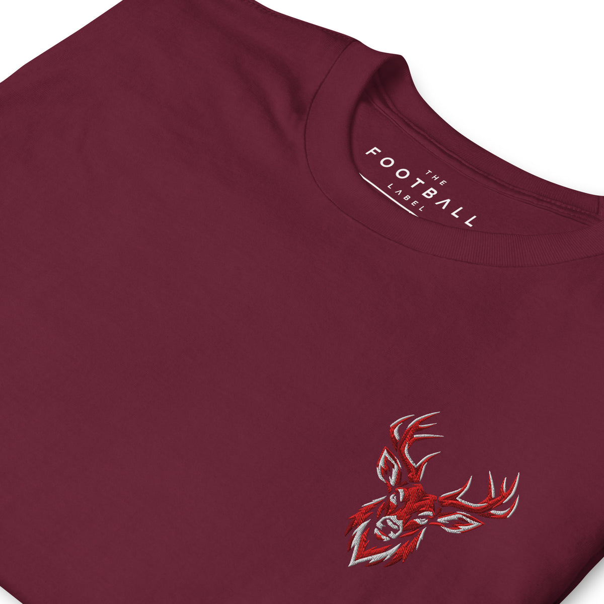 Nottingham Forest Inspired Stag Embroidered Football T-Shirt in maroon – embroidered artwork detail