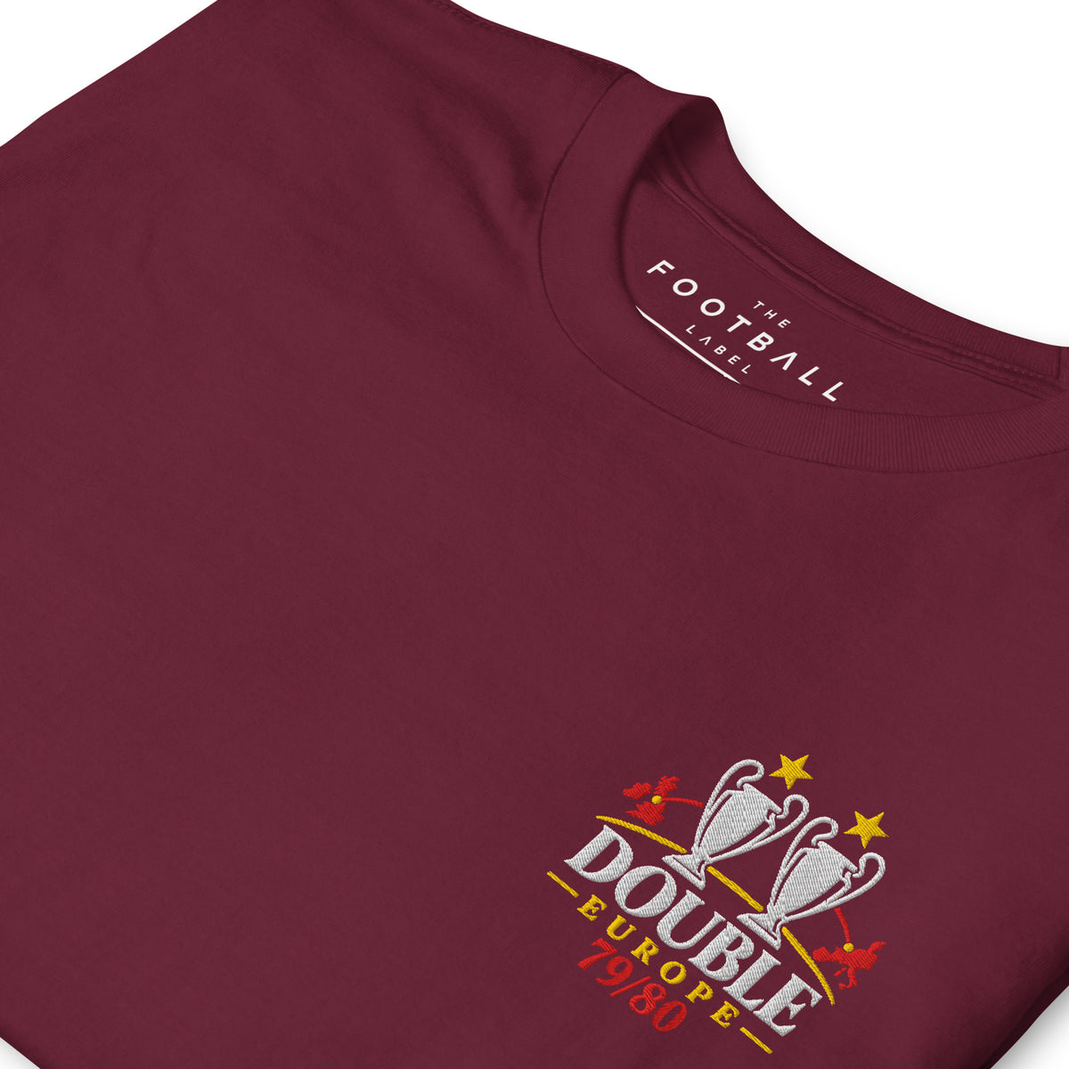 Nottingham Forest Inspired Double Europe 79/80 Embroidered Football T-Shirt in maroon – embroidered artwork detail
