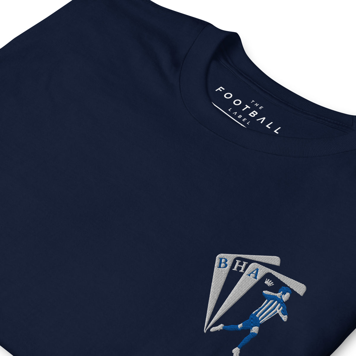 Kaoru Mitoma Inspired Brighton King Embroidered Football T-Shirt in navy, detail close-up