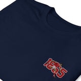 Close-up of Nottingham 1865 retro embroidery on navy T-shirt
