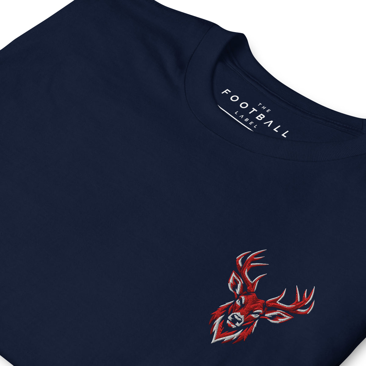 Nottingham Forest Inspired Stag Embroidered Football T-Shirt in navy – embroidered artwork detail