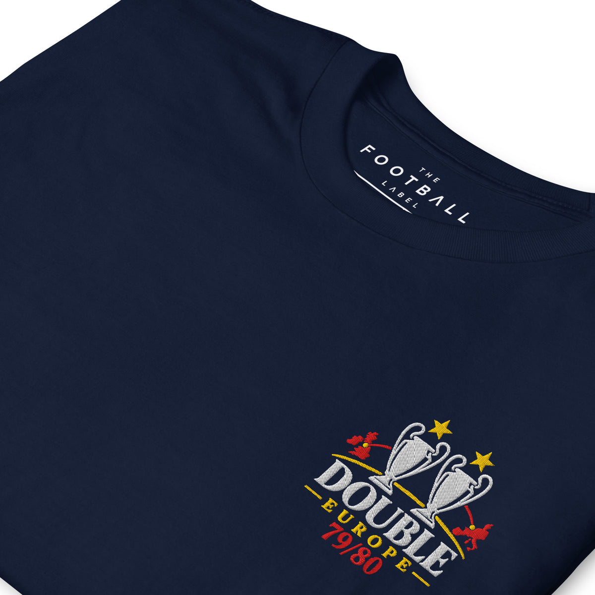 Nottingham Forest Inspired Double Europe 79/80 Embroidered Football T-Shirt in navy – embroidered artwork detail