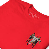 England v Argentina 1998 Embroidered Football T-Shirt in red, embroidery detail close-up