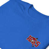 Close-up of Nottingham 1865 retro embroidery on royal T-shirt