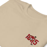 Close-up of Nottingham 1865 retro embroidery on sand T-shirt