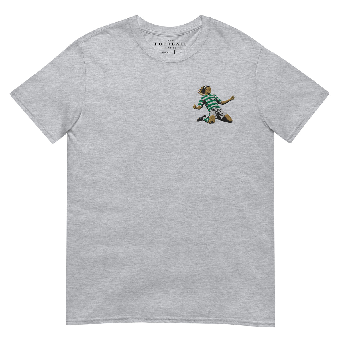 Henrik Larsson inspired Celtic embroidered football T-shirt in sport grey, front view alternate mockup