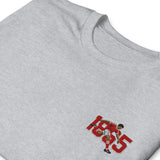 Close-up of Nottingham 1865 retro embroidery on sport grey T-shirt