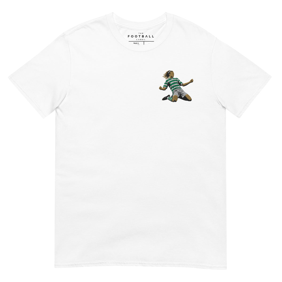 Henrik Larsson inspired Celtic embroidered football T-shirt in white, front view alternate mockup