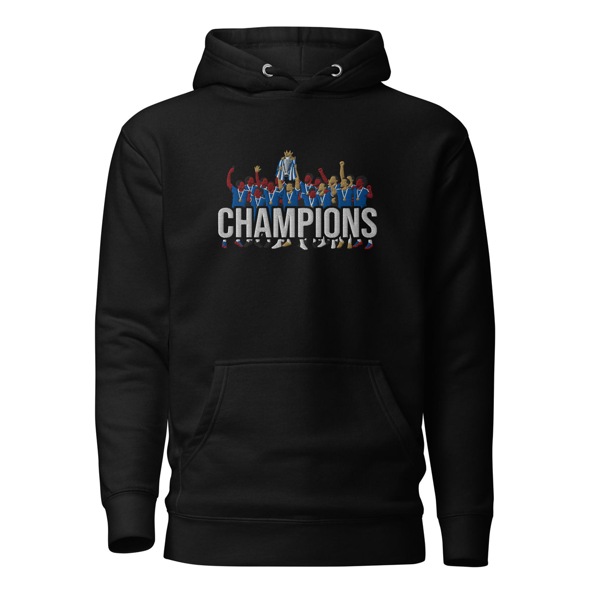 Full front view of Chelsea-inspired black hoodie with trophy-lift embroidery and CHAMPIONS lettering