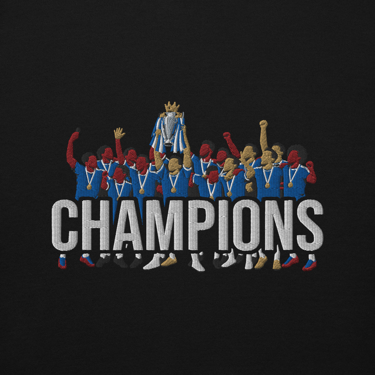 Embroidery close-up of Chelsea-inspired black hoodie with trophy-lift embroidery and CHAMPIONS lettering