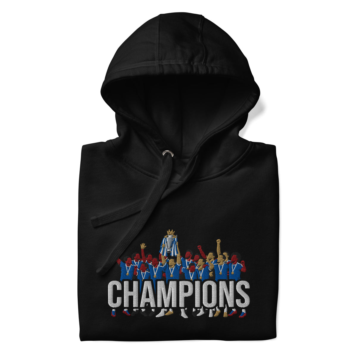 Folded hood-up view of Chelsea-inspired black hoodie with trophy-lift embroidery and CHAMPIONS lettering