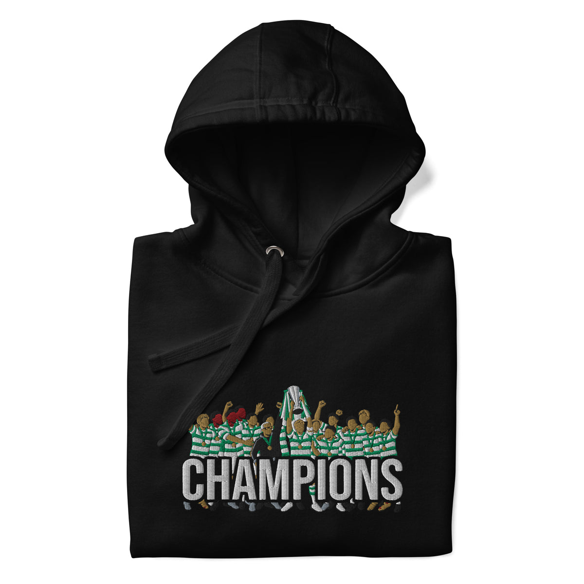 Folded hood-up view of Celtic-inspired black hoodie with trophy-lift embroidery and CHAMPIONS lettering