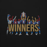 Embroidery close-up of Crystal Palace-inspired black hoodie with trophy-lift embroidery and WINNERS lettering
