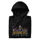 Folded hood-up view of Crystal Palace-inspired black hoodie with trophy-lift embroidery and WINNERS lettering