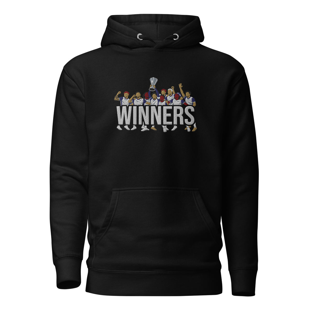 Tottenham Hotspur-inspired black hoodie with trophy-lift embroidery and WINNERS lettering