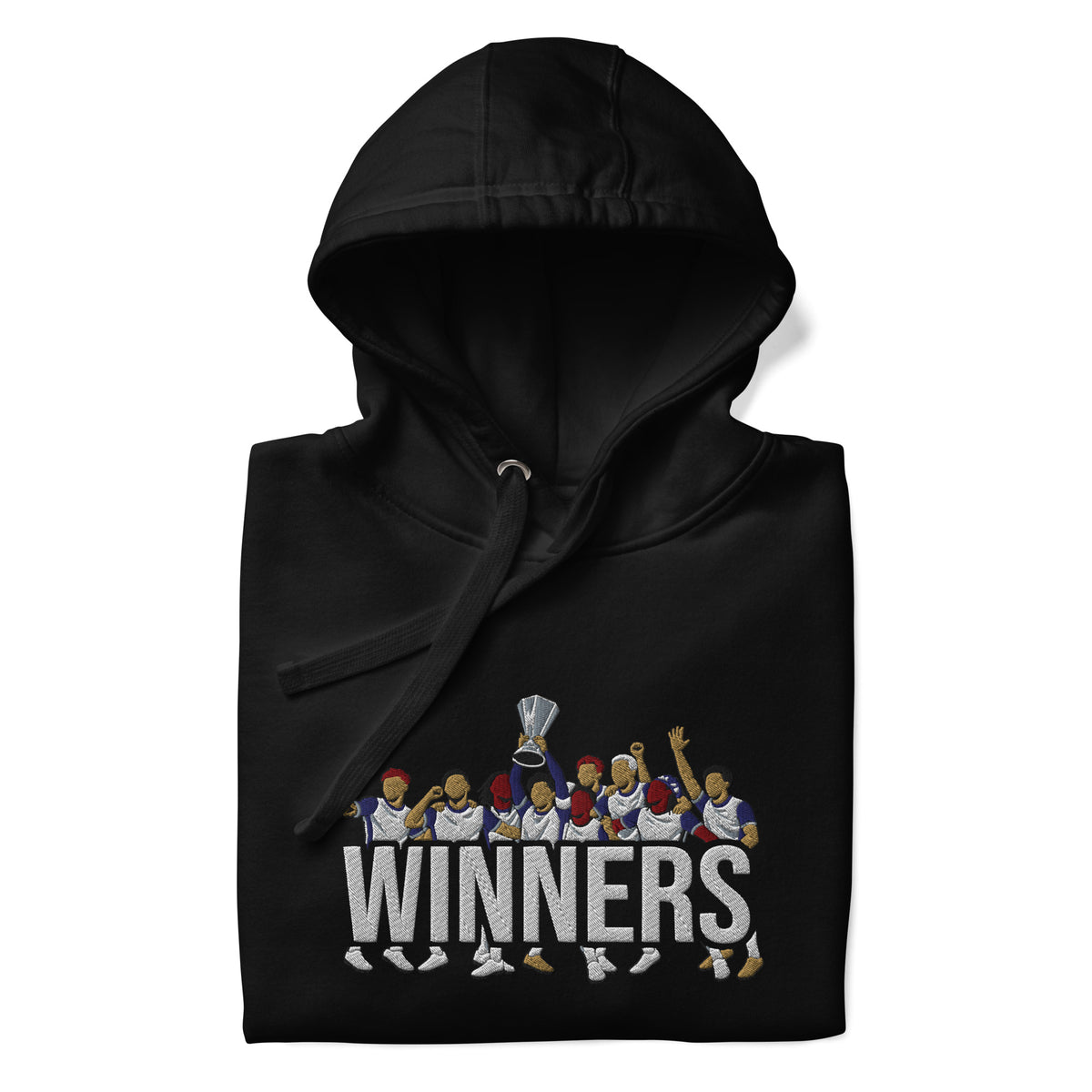 Tottenham Hotspur-inspired black hoodie with trophy-lift embroidery and WINNERS lettering