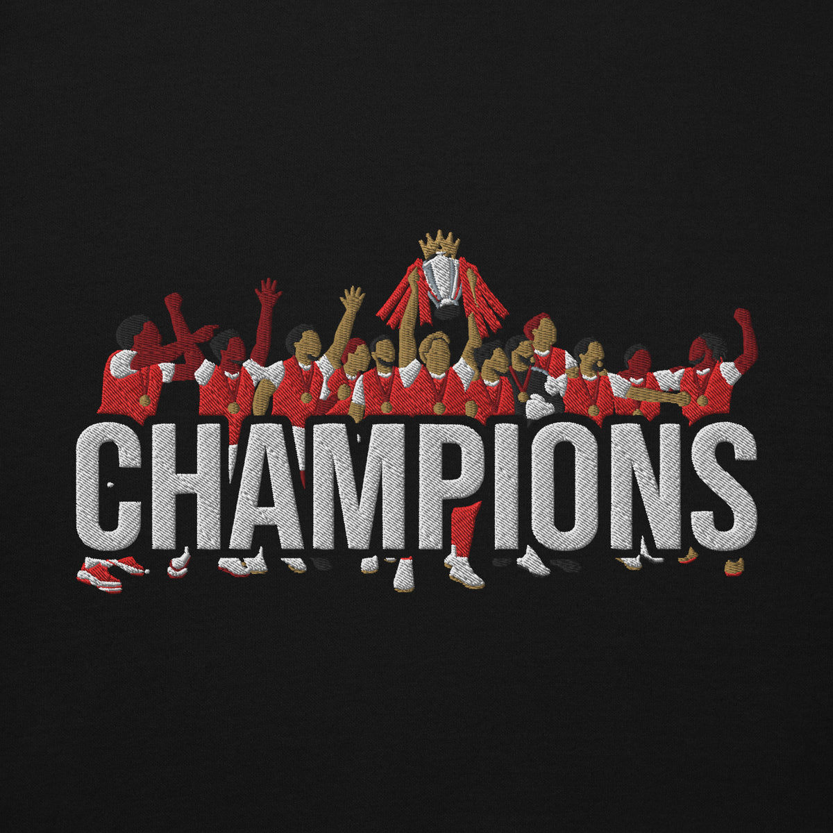 Arsenal-inspired black hoodie with trophy-lift embroidery and CHAMPIONS lettering