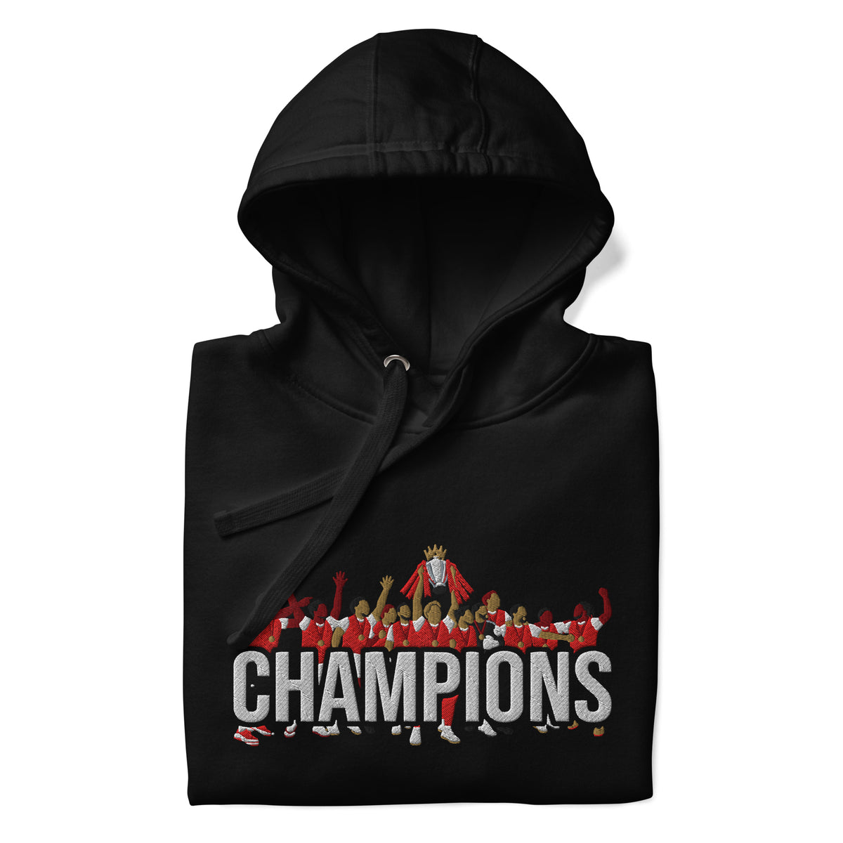 Arsenal-inspired black hoodie with trophy-lift embroidery and CHAMPIONS lettering