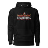 Liverpool-inspired black hoodie with trophy-lift embroidery and CHAMPIONS lettering