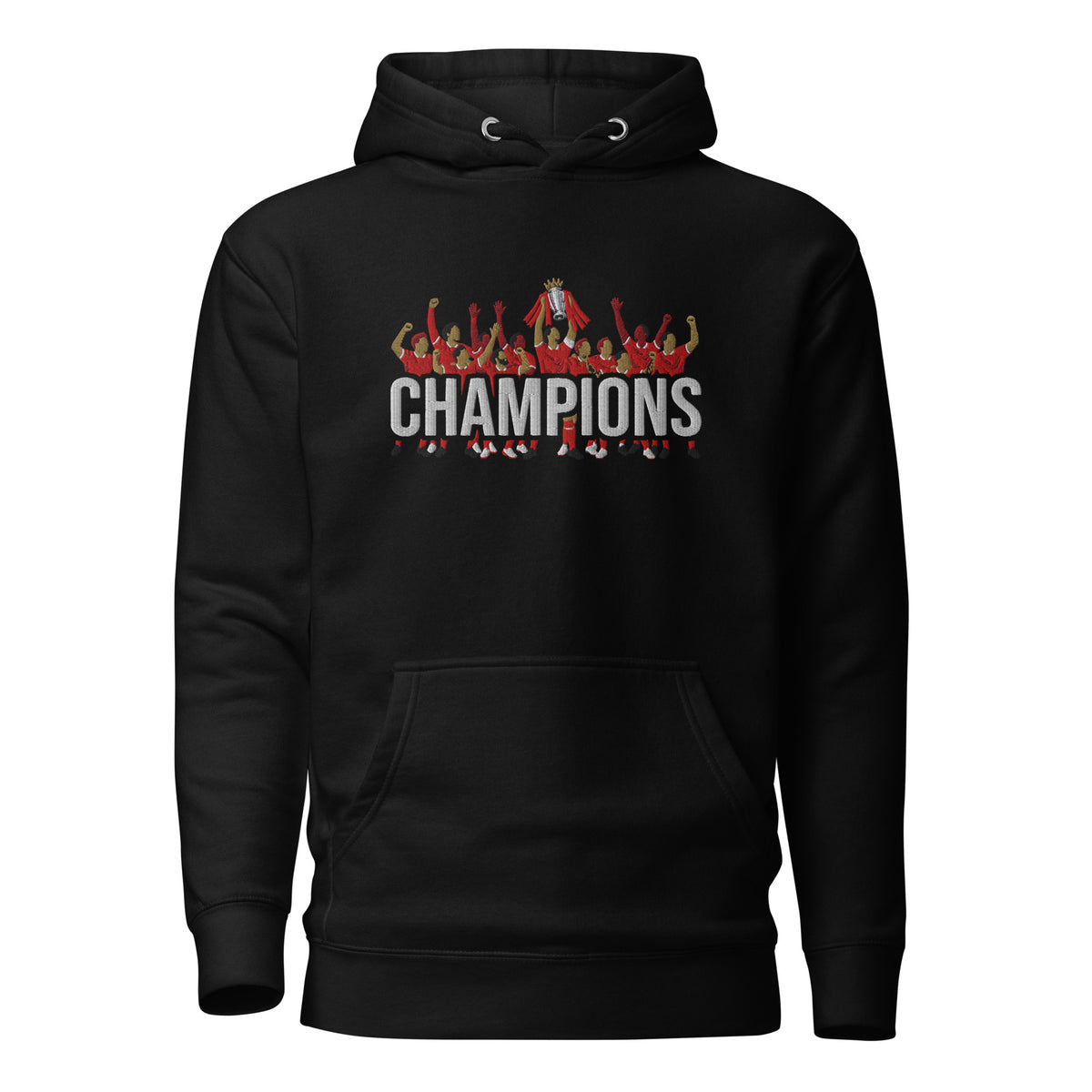 Liverpool-inspired black hoodie with trophy-lift embroidery and CHAMPIONS lettering